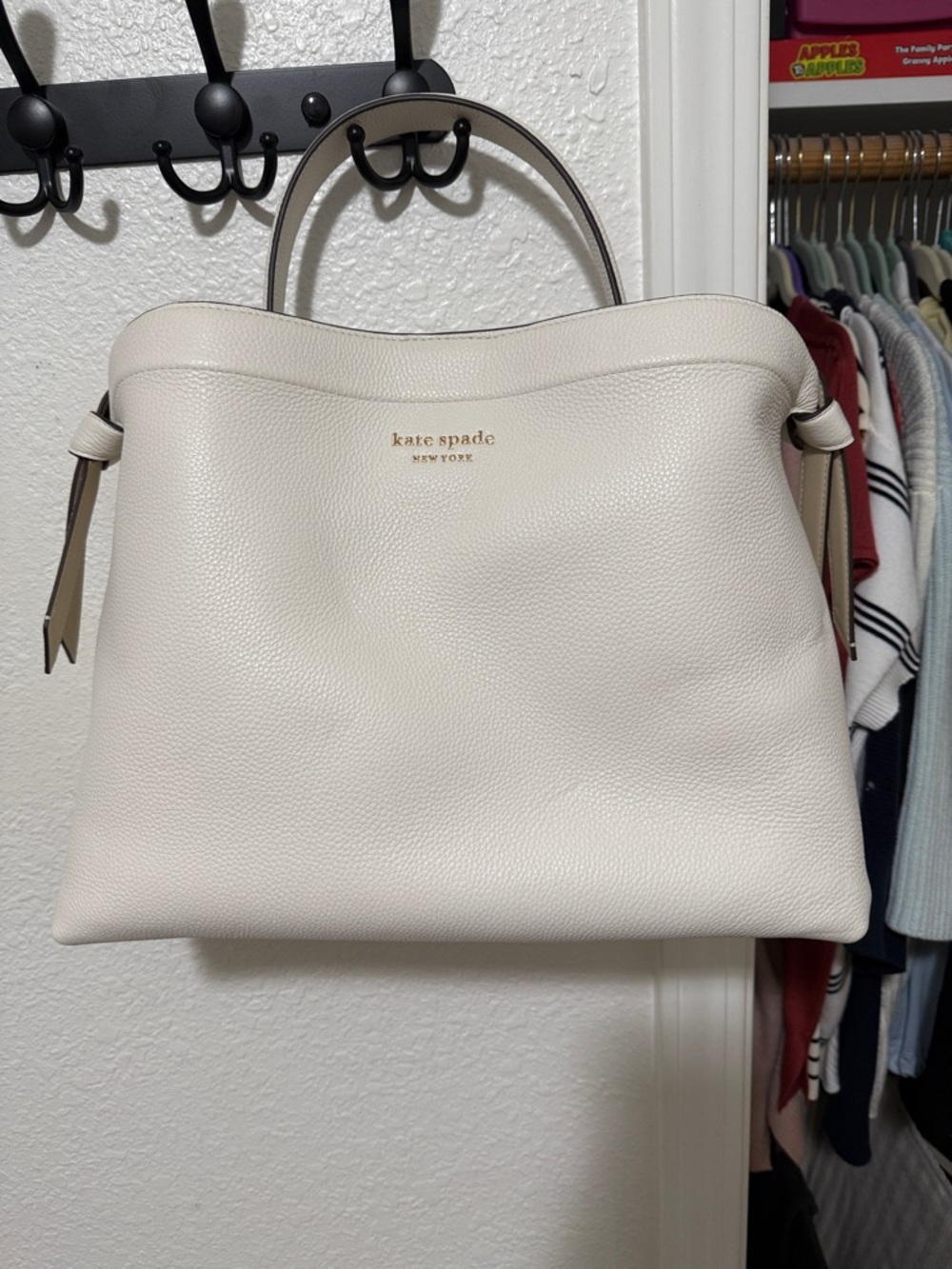kate spade Cream Pebbled Leather Tote with Gold Logo